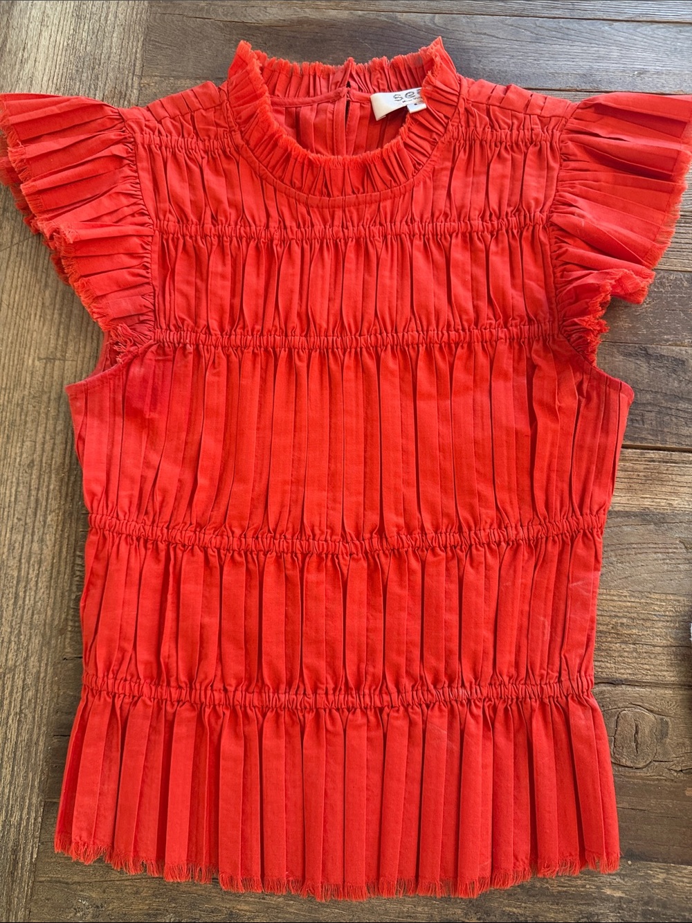 Sea Red Pleated Ruffle Sleeve Blouse
